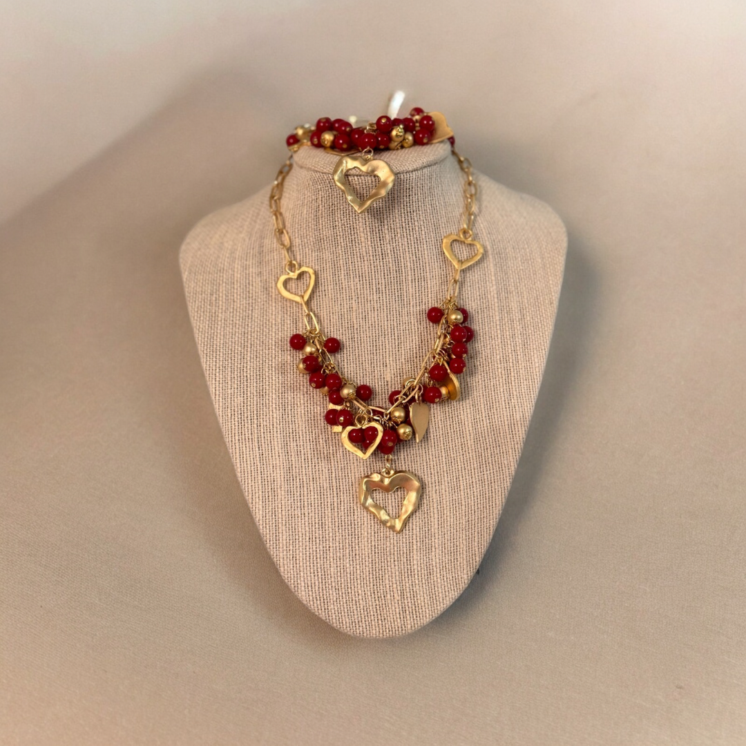 Amore set | collar y brazalete corazones oro y rojo